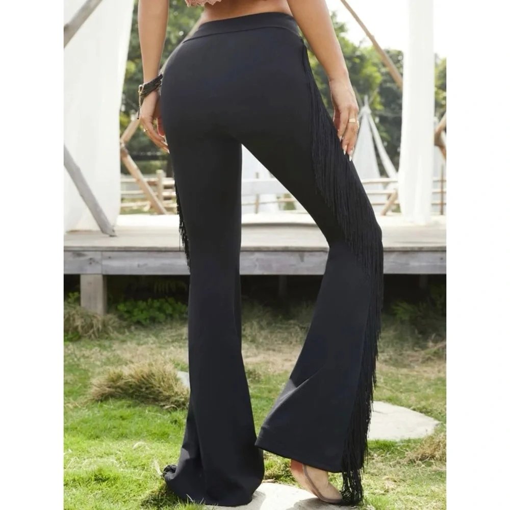 Bohemian Festival Black Fringe Bell Bottom Flare Pants XS S M L XL - Picture 3 of 4